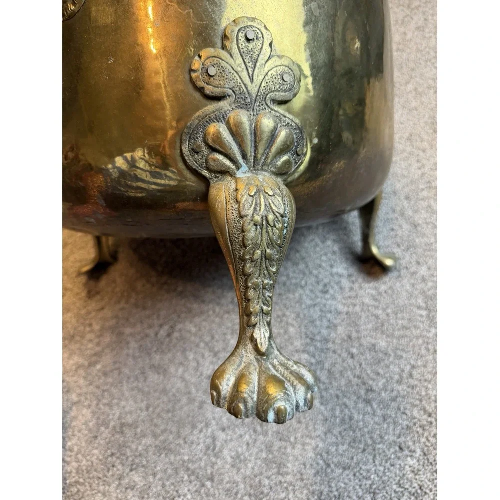 Antique Hand-Made English Brass Lion Handle Footed Cachepot Planter Cauldron